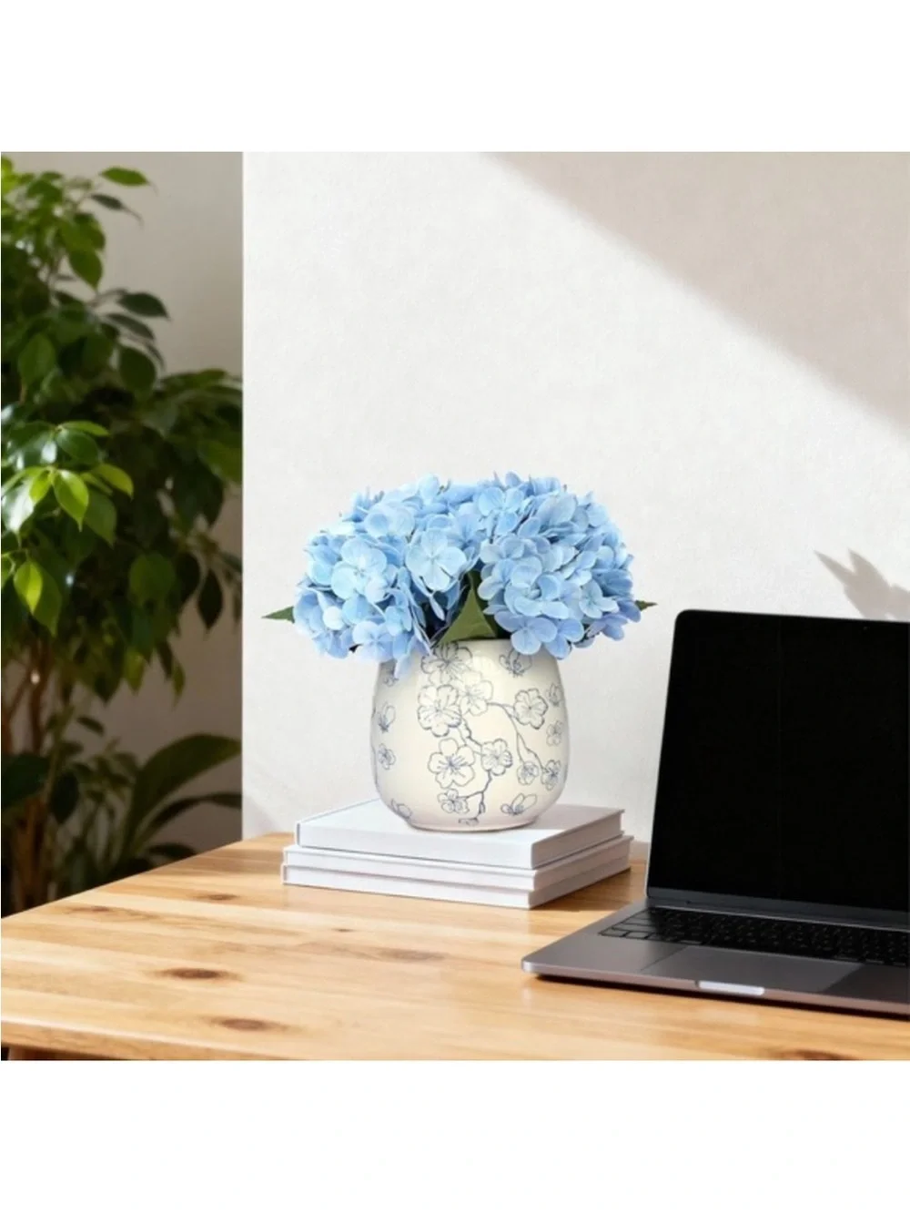 My Texas House Faux Hydrangeas in Floral Vase, Blue and White, 9.5